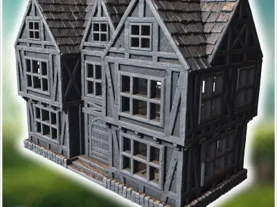 Two-story half-timbered house with detailed windows arched doorw 3D print model