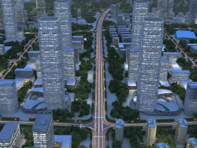 Aerial View of City Night Scene 3D Building Animation Model 3D model