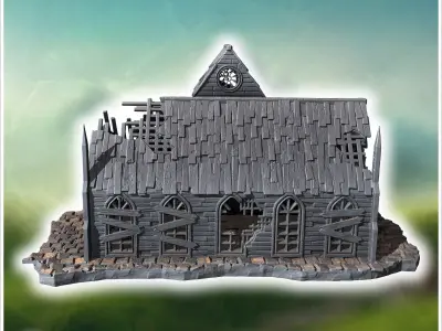 Ruined church with broken roof damaged walls and stone-paved gro 3D print model