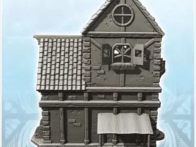 Large medieval house with tiled roof and side awning 1 - Medieva 3D print model