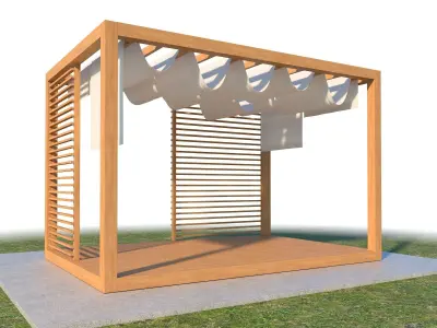 Pergola With Patio Cover And Curtains 3D model