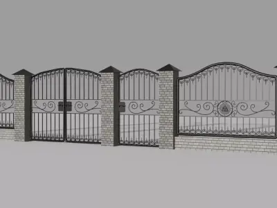 Iron  fence with bricks column 3D model