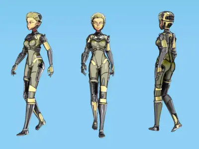 Asymmetric Robotic Character GOLD Low-poly 3D model