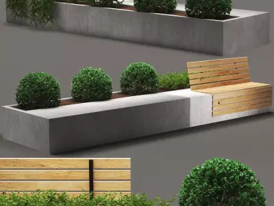 bench202 concrete planter with bench and plants 3D model