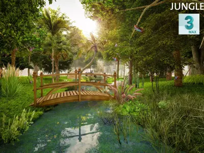 Forest jungle with bridge and trees Low-poly 3D model