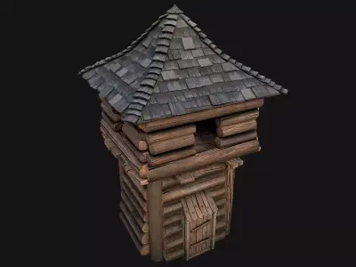 Medieval Wooden Tower with Roof Low-poly 3D model