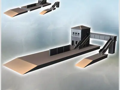 Railway station with platforms for trains and elevated walkway f 3D print model