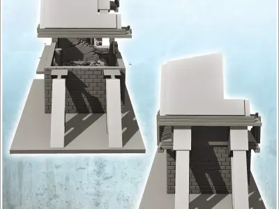 Two-storey brick factory with chimney and steel beam destroyed v 3D print model