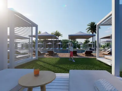 Hotel Pool Area with bar seating sunshade sunbed and lounge 3D model
