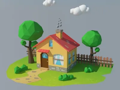Low Poly House with trees and grass Low-poly 3D model