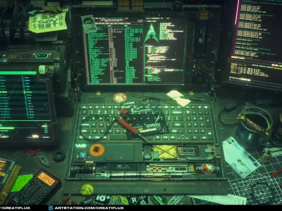  Cyberpunk Hacking Workspace 