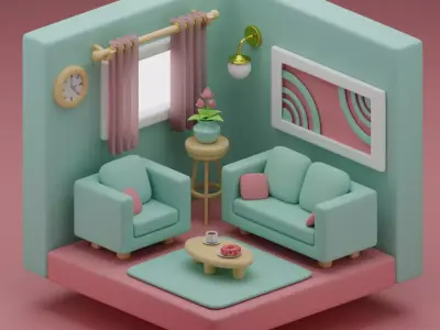 Stylized Isometric Living Room - Blue Version Free 3D model