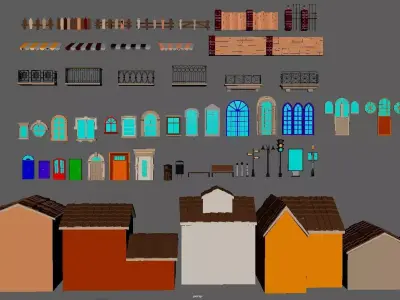 Street Builder Kit Fence Door Window Awning Balcony Street Set Low-poly 3D model