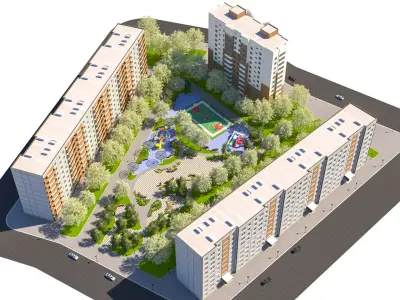 Game Ready Modern Residential Block and Courtyard 3D Scene Low-poly 3D model