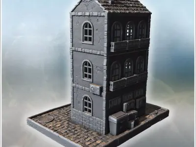 Elegant brick building with arched windows balconies rooftop chi 3D print model