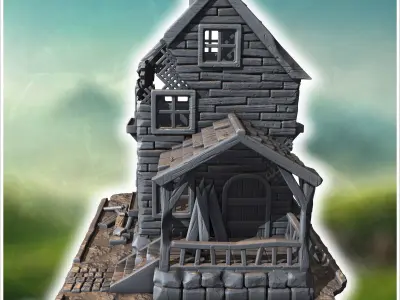 Two-story wooden house with a damaged porch broken windows and a 3D print model