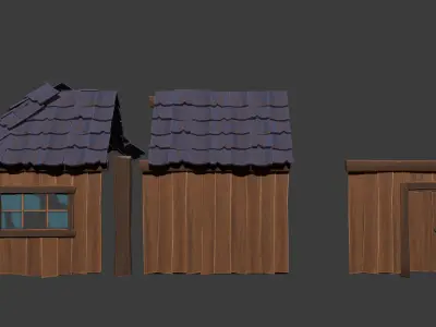 Wooden houses of a poor village - Stylized modular buildings Low-poly 3D model