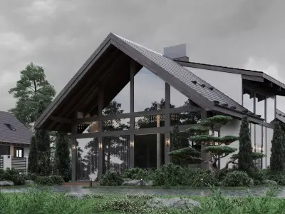 3D scene modern house on cloudy day 3D model