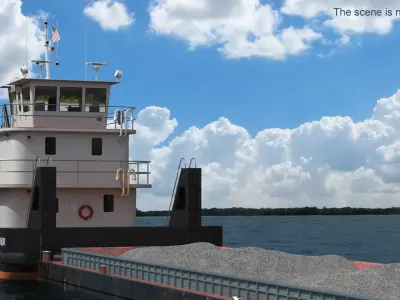  Tugboat Pushed Hopper Barge with Crushed Stone on Water 