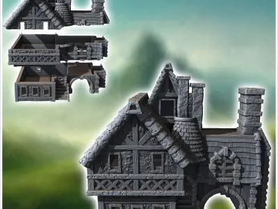 Tiled-roof medieval building with fireplace access staircase and 3D print model