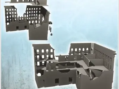 Large ruined urban building with multiple floors and entrance ca 3D print model