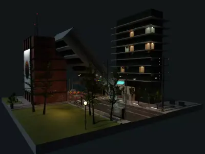 Destroyed city square Low-poly 3D model