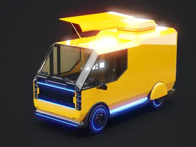  Futuristic Cyberpunk Street Food Truck 3D Model -Neon Sci-Fi Food Van 