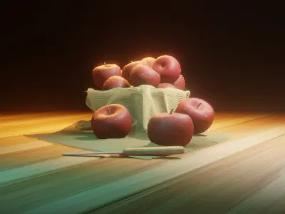 Realistic Red Apple Set - Fruit Scene with Knife and Cloth Low-poly 3D model