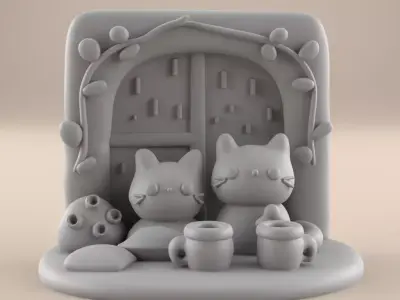 Cozy Cat Duo Rainy Window STL 3D print model