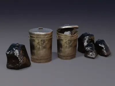 Metal Trash Can and Bags - Game Ready Low-poly 3D model