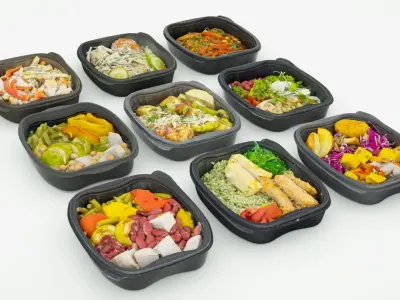 lunch box poke bowl 9 items collection food dinner  3D model