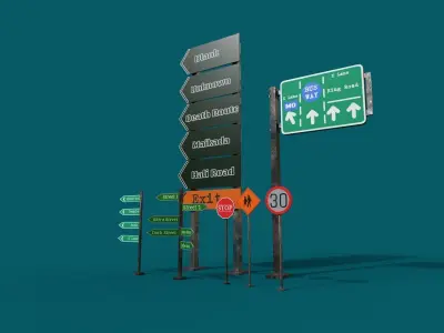 Road Signs 3D Model Pack  Low Poly PBR Textured 1064 Poly Low-poly 3D model