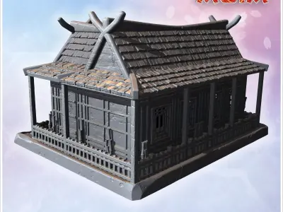 Double house with tiled roofs wooden lattice windows and stone p 3D print model