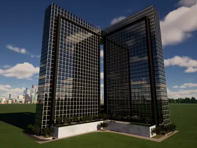 Twin Residential Towers with Podium and Skybridge 130m 33 Floors Low-poly 3D model