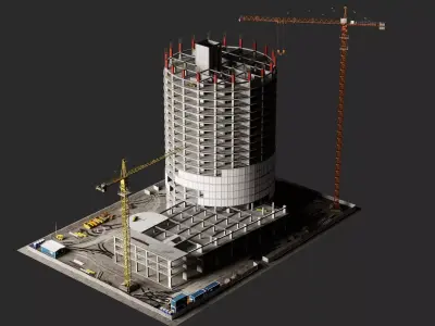 Circular High Rise Construction Site 3D Model Tower Crane Low-poly 3D model