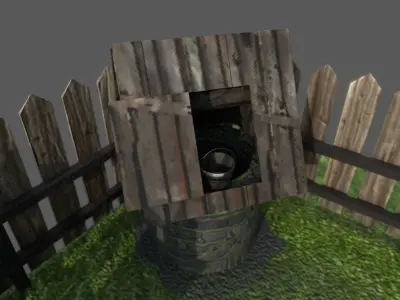 VILLAGE wooden house with fence Low-poly 3D model