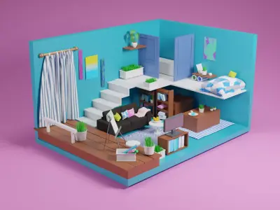 3D Illustrated Living Room 3D model