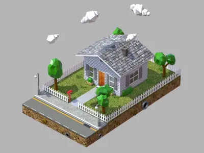 Low Poly House with fence Low-poly 3D model