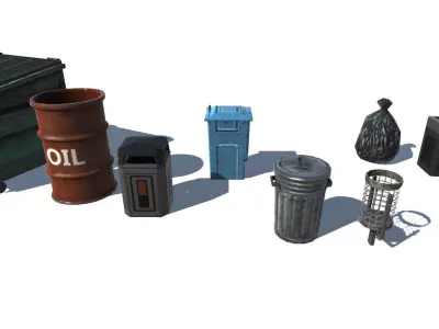 Trashbin set oil cans and barrels Low-poly 3D model
