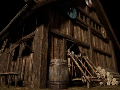 Viking Medieval House 02 with interior and props Low-poly 3D model