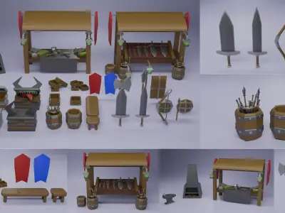 Low Poly Medieval Blacksmith Market Stall Weapon Shop Asset Pack 3D model