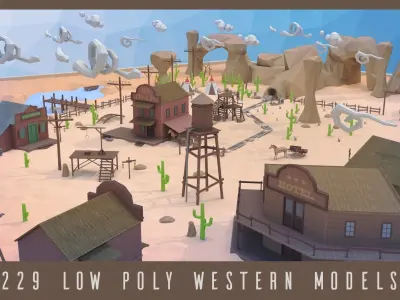 Low poly western desert town Low-poly 3D model