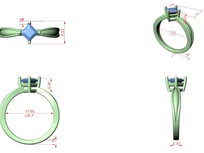 Princess Cut Diamond Solitaire Ring CAD Design with Split Band 3D print model