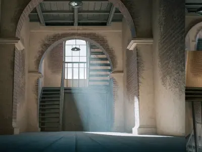 Old large room with a window and staircase Low-poly 3D model