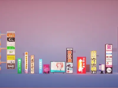 14 Japanese Neon Signs Low-poly 3D model