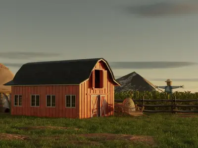 Stylized farm house village scene landscape  3D model