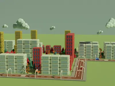 LOW POLY CITY with buildings and trees 3D model
