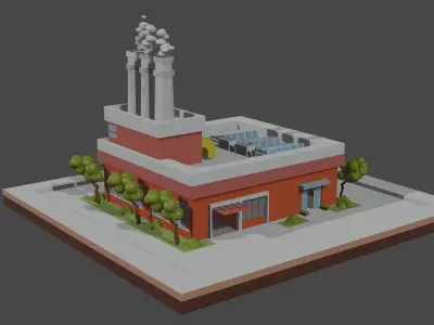 Factory building with chimneys and trees Free low-poly 3D model