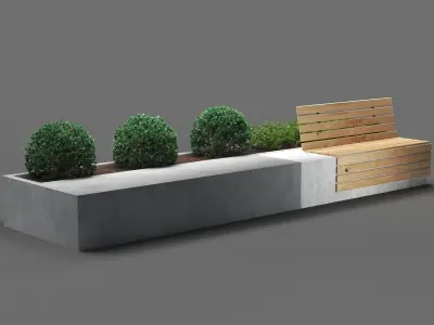 bench202 concrete planter with bench and plants 3D model