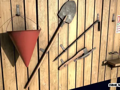 Fireman shield with fire fighting and safety tools Low-poly 3D model